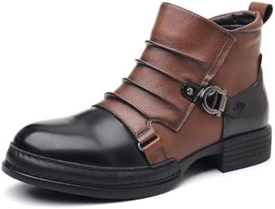 DINAOR Mens Retro Color Block Booties,Brown Black Contrast Leather Side Zipper Metal Buckle Round Toe Low Heel Business Casual Biker Style (CT6308-Black-44)