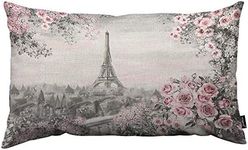 HOSNYE Eiffel Tower Throw Pillow Cover Gray and Pink Oil Painting for Paris Summer Gentle City Landscape Flower Roses and Leaf Linen Fabric for Couch Bed Sofa Car Waist Cushion Cover 12 x 20 inch