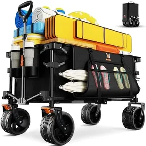 Navatiee Big Wheels Collapsible Wagon Cart Foldable, Heavy Duty Beach Wagon with Silent All-Terrain Wheels, Folding Utility Grocery Cart with Side Pocket and Brakes for Camping Garden Sports, Black