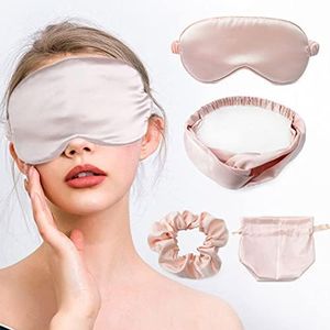 IYOU Juego de máscaras de seda para dormir con diademas y coleteros para el cabello, cubierta de ojos de champán, seda de morera, para viajes y siesta de viaje, máscara de dormir para mujeres y niñas