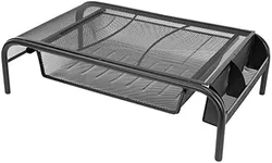Mount-It! Metal Mesh Monitor Stand with Drawer, Ergonomic Desk Organizer and Riser for Monitors and Laptops, Desktop Stand with Extra Storage and Side Pocket, Black