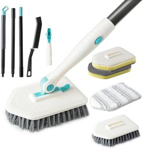 GIPTIME Shower Scrubber Brush with Locking Head, 5 in 1 Tile Tub Shower Cleaning Brush and Crevice Cleaning Brush, 51" Extendable Long Handle for Bathtub Bathroom Floor, White