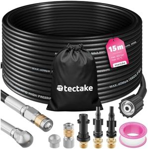 tectake® Set de Tuyau fléxible 15m pour nettoyeurs haute-pression Déboucheur canalisation Déboucheur evier Déboucheur WC Douche avec 2 buses & 3 adaptateurs, Accessoires nettoyeurs haute pression