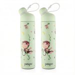 Go24 pexpo Water Bottle for School Kids, ISI Certified Stainless Steel Sipper Bottle for Kids 470ml (Pack of 2) | Hot & Cold Thermos Insulated Water Bottle|6+ Years Kids|Pico 500 - Green - Monkey