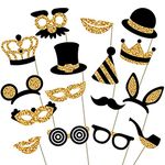 16PCS Birthday Party Photo Props Black and Gold Photo Booth Props and Signs Prom Photobooth Party Props Moustache Glasses Hats Crowns Photo Props Birthday Selfie Props for Adult Wedding Engagement