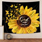 AMBZEK Black Yellow Sunflower Tapestry 51Hx59W Inch Bible Verse Quotes Girl Women Floral Butterfly Bedroom Wall Art Blooming Flower Rustic Country Nature Wall Hanging Living Room Dorm Decor Fabric