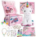 PERRYHOME Unicorn Gifts for Girls 26 Pcs Unicorn Surprise Box with Unicorn Plush, DIY Coloring Book and Markers, Unicorn Necklace & Jewelry, Unicorn Themed Girl Gift Toy Birthday Gift for 3-12