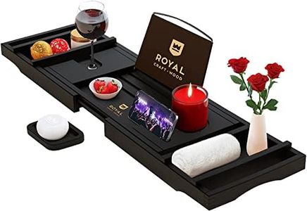 Royal Craft Wood Luxury Bathtub Caddy Tray, 1 or 2 Person Bath and Bed Tray, Bath Tub Table Caddy with Extending Sides, Adjustable Organizer Tray for Bathroom - Free Soap Dish (Black)