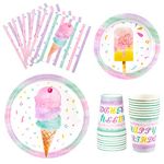 WERNNSAI Ice Cream Plates Napkins and Cups - Ice Cream and Popsicle Theme Party Supplies for Girls Birthday Disposable Tableware Dinnerware Dessert Plates Luncheon Napkins 16 Guests 64PCS