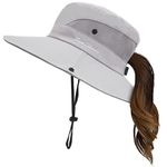 Mukeyo Womens Summer Sun Hat Wide Brim Outdoor UV Protection Hat Foldable Ponytail Bucket Cap for Beach Fishing Hiking, Pure Light Grey, One Size