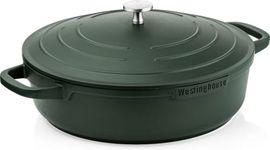 Westinghouse Performance Series Saute Pan with Lid - 28cm Shallow Casserole Dish - Lightweight Cast Aluminium - for Induction, All Stoves & Oven Proof - Handle Covers Included - Green