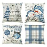 Christmas Cushion Covers Set Of 4, 45 x 45cm Christmas Pillow Cases Blue Christmas Decorations Cushion Covers, Snow Pine Tree Decorative Christmas Design Cushion Covers For Throw Pillow, Sofa, Bedroom