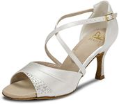 JIAJIA 20522 Women's Satin Sandals 2.7" Flared Heel Latin Salsa Performance Dance Shoes Ivory,Size 9.5 B(M) US/41 EU