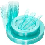 WDF 25 Guest Green Plastic Plates with Disposable Plastic Silverware&Green Cups-Neon Clear Plastic Dinnerware include 25 Dinner Plates,25 Salad Plates,25 Forks, 25 Knives, 25 Spoons,25 Plastic Cups