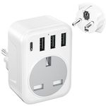 UK to European Plug Adapter with 4 USB Ports, FSTravelP Grounded European Travel Adapter with 3 USB-A & 1 Type C Plug Adaptor UK to EU Travel Plug for Germany France Spain Greece Poland (Type E/F)