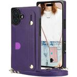 CCSmall for Apple iPhone 16 Case Crossbody with Card Slot Holder for Women, Removable Adjustable Shoulder Strap Lanyard with Wristband Kickstand Phone Cover Case for iPhone 16 KB Purple