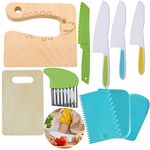 KOLODOGO 10 Pieces Wooden Kids Kitchen Knife Set, Include Wood Kids Knife Plastic Potato Slicers Cooking Knives Children's Safe Knifes Cake Scraper Kids Cute Rectangle Cutting Board