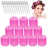 BLUSHIA Jumbo Rollers Hair Curlers 24 Pcs Set with 12Pcs Jumbo Large Hair Rollers and 12 Pcs Hair Clips for Long Medium Hair Volume (Hot Pink)