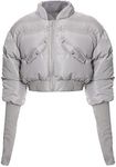 Flygo Womens Cropped Puffer Jacket Long Sleeve Thumbhole Padded Bubble Coat Y2K Bomber Jacket (Grey-XS)