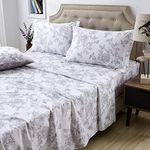 FADFAY Sheet Set Cal King Farmhouse Bedding Shabby Floral Vintage Bedding 100% Cotton Super Soft Hypoallergenic White and Grey Deep Pocket Fitted Sheet 4-Pieces California King Size