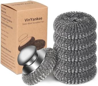 6Pcs Steel Wool Scrubber with Replacement Wire Pads Set, Stainless Steel Scrubber with Handle for Scouring Stubborn Messes from Cast Iron, Pots, Pans, Grill, Stoves, Sink(1 Scrubber+5 Pads)