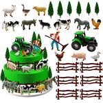 26 PCS Mini Farm Animal Tractor Cake Topper Set with Tree Farmer Fences Cow Pig Sheep Figures Tractor farmer Cake Topper for Boy Girl Birthday Party Decorations