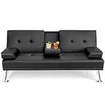 DORTALA Faux Leather Convertible Sectional Sofa Bed, Morden Folding Convertible Futon w/Cup Holders & Armrests Black, Multifunctional Upholstered Guest Sofa Bed for Living Room, Office, Apartment, Black