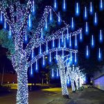 Outdoor Meteor Shower Rain Lights, Indoor 8 Tube 144 LEDs Outdoor Christmas String Light, Solar Powered Waterproof Snow Falling Raindrop Icicle Cascading Decoration Lights for Party Garden Home (Blue)