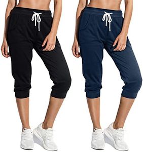 SPECIALMAGIC Women's Sweatpants Cropped Jogger French Terry Running Pants Lounge Loose Fit Drawstring Waist with Side Pockets Black+Navy 2XL