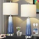 Glass Table Lamp Set of 2, Modern Table Lamps with USB A+C Ports & AC Outlet, Touch Control Bedside Nightstand Lamp with LED Night Light & White Fabric Shade for Living Room Blue(4 Bulbs Included)