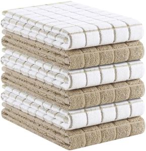 Kitinjoy Premium Kitchen Towels (16"x 28", 6 Pack), Large 100% Cotton Terry 390 GSM Kitchen Hand Towels, Ultra Absorbent Check Design Tea Towels Set with Hanging Loop, Tan