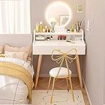 White Vanity with Mirror and Lights 3 Lighting Modes, Easy to Install Dressing Table with Sliding Drawer, Modern Bedroom Makeup Table and Cushioned Stool Set for Women Girls (Size : 50cm, Color : Ty