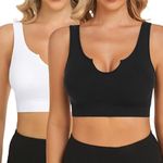 SIMIYA Comfort Sport Bra Crop Top Bras Removable Cups Seamless Bra Sexy Notch Neckline Bralette for Women Workout Yoga(XL, Black+White)