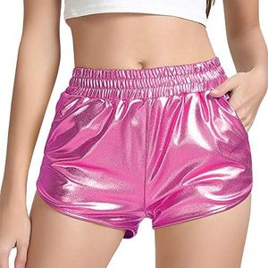 MAKARTHY Women's Metallic Shorts Elastic Waist Shiny Sparkly Rave Pants (Pink, Small)