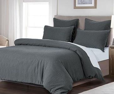 CleverPolly 100% Premium Waffle Microfibre Quilt Cover Set (3Pcs) - Ultra Soft, Comfy, Luxurious Duvet Cover with Zipper Closure - Elegant Quilt Cover Set for Bedding - Dark Grey - Queen