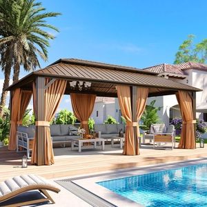 Aoxun 20x12 Gazebo Outdoor Hardtop Gazebo with Double Galvanized Steel Roof, Metal Frame Pavilion with Breathable Netting and Privacy Curtain for Backyard (Brown)