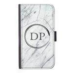 Hairyworm Personalised Initials Leather Case Grey and White Marble Circled Monogram Side Flip Wallet Cover For Apple iPod touch (6th generation)