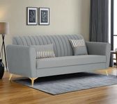 Adorn India Premium Luster 3 Seater | Velvet Suede Fabric | 3-Year Warranty | Color Grey with Golden Legs & Striped Pattern Cushion