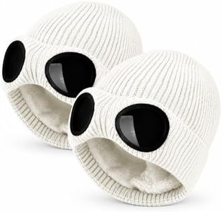 2027 Upgraded Beanie with Goggles for Men & Women,Fleece Lined Knitted Winter Hat,Warm Windproof Skull Cap (White 2pack)