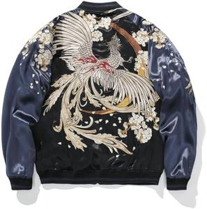 Sukajack Japanese Streetwear Bomber Jacket Reversible Hip Hop Clothing Satin Phoenix Tiger Embroidered Windbreaker for Men Women Blue