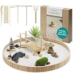 Navaris Zen Garden Kit - Mini Japanese Sand Garden - Miniature Meditation Stone Ornaments - Buddhist Gifts Complete Set - Round MDF Tray, White Sand