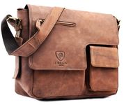 J. Wilson London Designer Genuine Real Distressed Vintage Hunter Leather 15" Laptop Handmade Unisex Crossover Shoulder Messenger Bag (Brown)