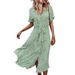 Women's Summer Button Down Midi Dress Short Sleeve V Neck Floral Lapel Ruffle Ditsy Loose Boho Swing Shirt Dress (Z-Green, L)