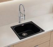 Zinzer Single Bowl, Quartz Kitchen Sink, Black Color 21 x 19 x 8, German Engineered, Smooth Metallic Finish | Box includes Kitchen Sink, Sink Coupling, Hose Pipe, Drainer Basket