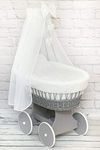 Wicker Wheel Stand Moses Basket Baby Bassinet Crib with Full Cotton Bedding Sets Liner Cover Mattress Canopy - Dimple Grey/White