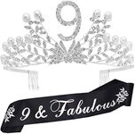 DORADREAMDEKO 9th Birthday Tiara and Sash for Girls - Fabulous Glitter Tiara + Botanic Rhinestone Silver Premium Metal Tiara for 9th Birthday Party Gifts