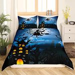 Halloween Bedding Horror Witch Black Bat Bedding Set King Full Moon Night Haunted House Duvet Cover for Kids Boys Girls Scary Halloween Landscape Bedclothes Room Decoration