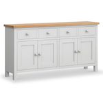 Farrow Grey Extra Large Sideboard Cabinet for Living Room | Roseland Furniture Fully Assembled Painted 4 Door Solid Wooden Storage Cupboard with Oak Top 2 Drawers for Hallway or Dining Room