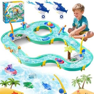 Joellfuner Table Eau Sable Enfant, 2 en 1 Table à Eau pour l'extérieur, Jouet de Jeu Sable et Eau avec 2 Bateaux, 2 Cannes à Pêche, 2 Pistolets à Eau e Accessoires pour Garçons et Filles 3+ Ans
