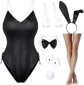 Womens Bunny Costume Girl Bodysuit Anime Role Costume Senpai Cosplay Bodysuit One Piece Stockings Set, Black